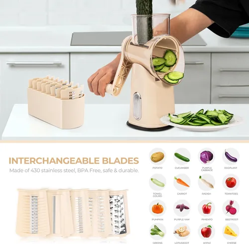 Miniatura 3 de SUSTEAS Rallador de queso rotativo con mango - Triturador de verduras con 5 cuchillas bien diseñadas y base de succión fuerte, rebanador