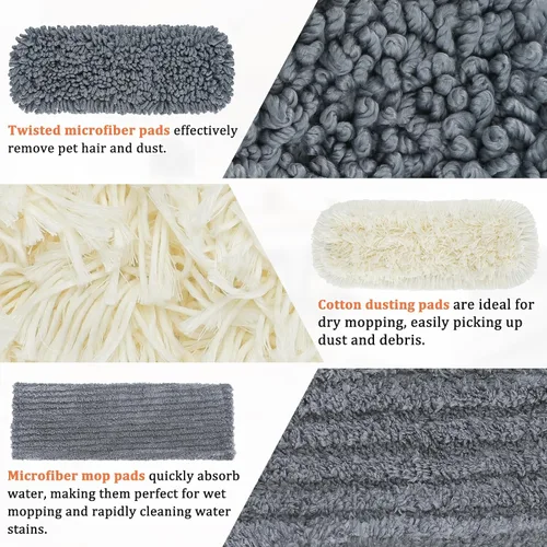 Miniatura 5 de Trapeador de polvo de microfibra con 3 almohadillas lavables reutilizables, mango largo de 58 pulgadas, mopas húmedas y secas para madera dura