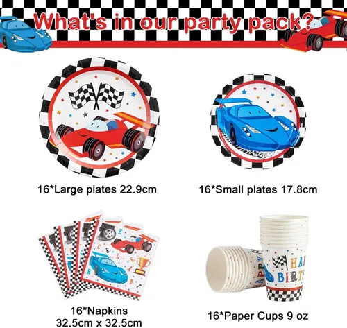 Miniatura 2 de WERNNSAI Decoraciones de fiesta de autos de carreras, 64 piezas, platos de automóvil, servilletas y tazas, vajilla temática a cuadros para niños