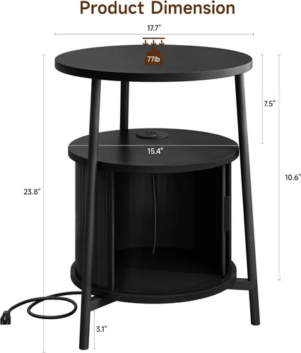 Miniatura 2 de ONBRILL Mesa auxiliar redonda con almacenamiento, mesita de noche acanalada con estación de carga, pequeñas mesas de noche modernas de mediados