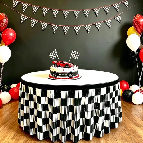 Miniatura 3 de Falda de mesa metálica de oropel con flecos de oropel de carreras para decoración de fiesta de cumpleaños, paquete de 2 cortinas de mesa de 29.5 x