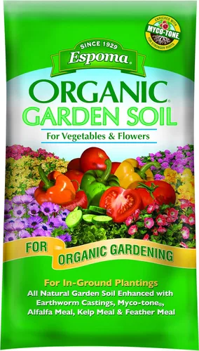 Espoma Suelo orgánico de jardín de verduras y flores natural y orgánico en mezcla de plantación de suelo. Úselo al plantar y trasplantar. Para
