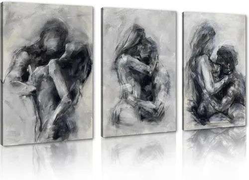 Miniatura 66 de Novatique 3 piezas de arte de pared sexy en blanco y negro para parejas desnudas, decoración de pared abstracta de amor para mujeres y hombres, arte
