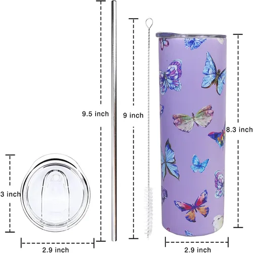 Miniatura 7 de IchDich Vaso de mariposa con tapa y popote de 20 onzas, vaso aislado de acero inoxidable con diseño de mariposa morada, botella de agua, taza