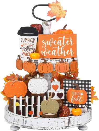 Miniatura 9 de Sumind Juego de 15 piezas de decoración de bandejas escalonadas de Acción de Gracias, decoraciones de otoño para el hogar, letreros de madera