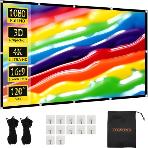 TOWOND - Pantalla de proyección de 120 pulgadas, pantalla de proyección sin arrugas y plegable 16:9 HD 4K, portátil, pantalla de películas para cine