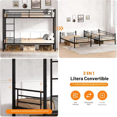 Miniatura 4 de Litera metálica de camas individuales con escalera, resistente y de servicio pesado, con 2 escaleras laterales, ahorro de espacio, no necesita