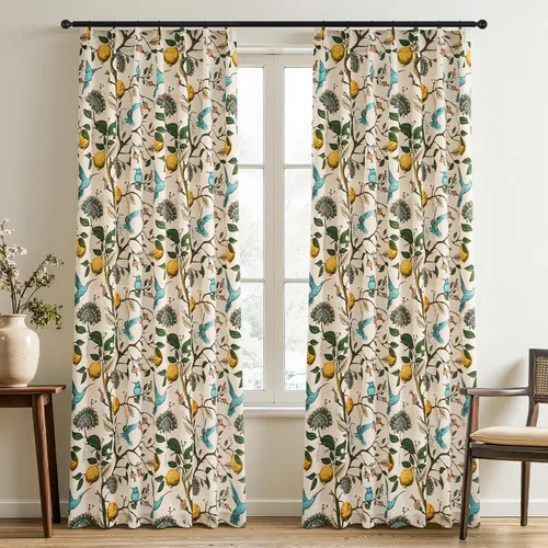 Miniatura 15 de Cortinas beige para cocina, 36 pulgadas de largo, diseño floral botánico de limón y colibrí, cortinas plisadas para oscurecer la habitación