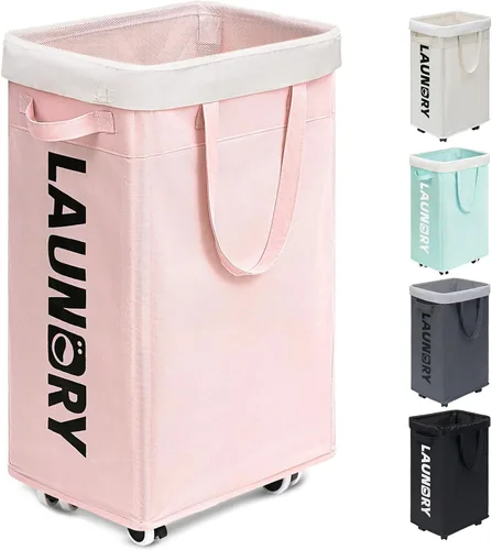 Miniatura 23 de Goodpick - Cesta de lavandería con ruedas, 75L, esenciales para dormitorio de universidad, cesta de ropa con bolsa de lavado extraíble para blanco
