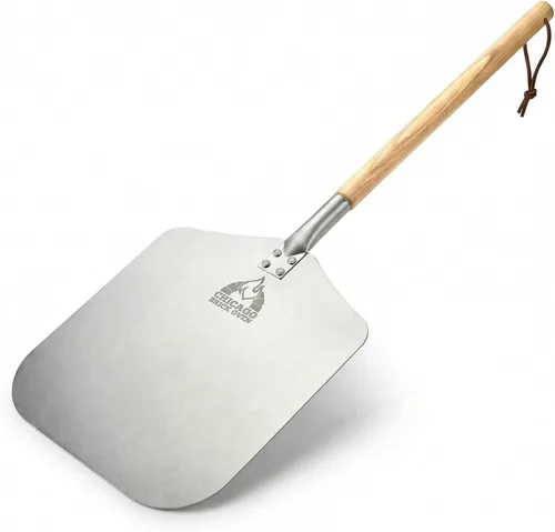 Miniatura 12 de Chicago Brick Oven Pizza Turning Peel PRO - 9 pulgadas de diámetro, mango de madera desmontable de 31.5 pulgadas con correa de cuero, aluminio duro