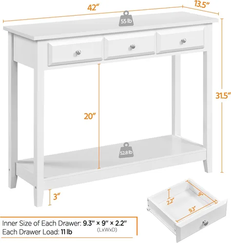 Miniatura 3 de Topeakmart Mesa consola con estante de almacenamiento y 3 cajones, mesa de sofá de 2 niveles para entrada/pasillo/sala de estar, material de madera