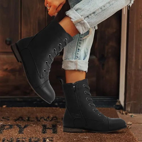 Miniatura 5 de katliu Botas de combate para mujer con cordones estilo militar con cremallera lateral puntera redonda