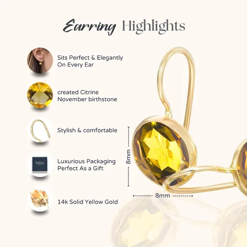 Miniatura 36 de 14k Solid Yellow Gold Gemstone Earrings - Birthstone Earrings - 8mm Dangle Earrings, Dainty Gemstones Earrings, Bridal Handmade Wedding Jewelry Gift