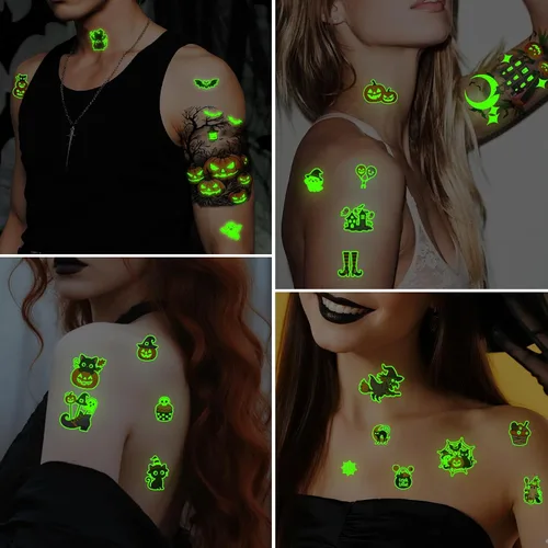 Miniatura 6 de 39 tatuajes temporales de Halloween que brillan en la oscuridad para adultos y niños, 9 tatuajes falsos realistas de media manga, calabaza