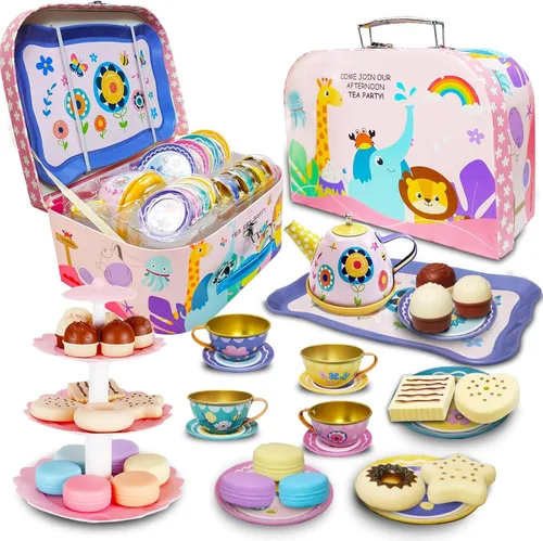 Miniatura 8 de Juego de fiesta de té para niñas pequeñas, juego de comida de postre para niños de 3, 4, 5, 6, 7, 8, 9, juego de postres para niñas, princesa