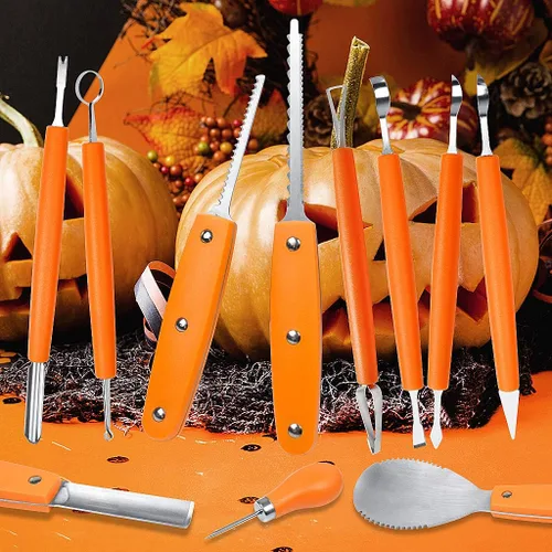 Miniatura 7 de Kit profesional de tallado de calabaza, 11 piezas de herramientas de tallado de acero inoxidable resistentes para Halloween con estuche de Naranja