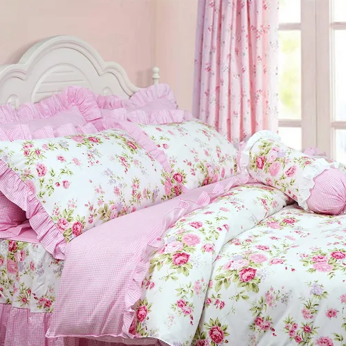Miniatura 3 de FADFAY Juego de funda de edredón rosa desgastada, colección de ropa de cama floral rosa, elegante juego de funda de edredón de encaje de princesa