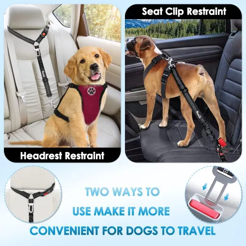 Miniatura 2 de SlowTon Cinturón de seguridad para perro para automóvil, paquete de 2 cinturones de seguridad ajustables con amortiguador elástico elástico, 2 en 1