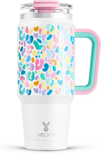 Miniatura 21 de Meoky Vaso de 40 onzas con asa y pajita, vaso aislado con tapa y popote, taza de viaje de acero inoxidable, mantiene el frío durante 34 horas, 100%