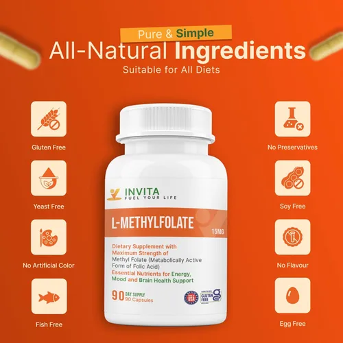 Miniatura 6 de INVITA L-metilfolato de 15 mg – Folato de metilo activo formulado por un médico – Suplemento 5-MTHF para la energía, el estado de ánimo y la salud