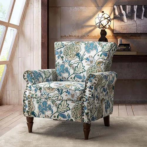 Miniatura 18 de HULALA HOME Silla moderna con respaldo de alas con patas de madera y cojín extraíble, cómodo sillón tapizado con ribete de cabeza de clavo, sofá
