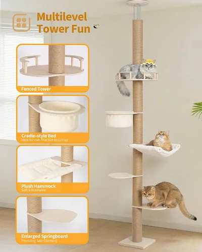 Miniatura 5 de Aechonow Árbol para gatos de piso a techo de 9 pies para gatos grandes, hamaca de 5 pulgadas de profundidad para gatitos de interior, torre