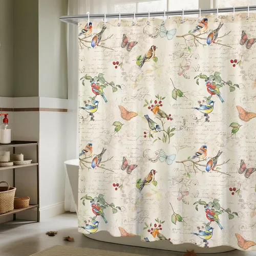 Miniatura 3 de Juego de cortinas de ducha de ramas de pájaro retro, cortinas de ducha de tela de poliéster impermeable con 12 ganchos para decoración del hogar, 72