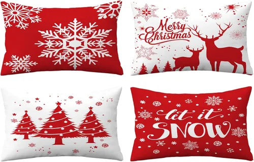 Miniatura 26 de Juego de 4 fundas de almohada de Navidad de 12 x 12 pulgadas, fundas de almohada de terciopelo de Navidad, fundas de almohada doradas y rojas