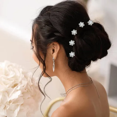 Miniatura 4 de inSowni Paquete de 128 horquillas de pelo en forma de U con diamantes de imitación de flor de perlas plateadas y diamantes de imitación para novias