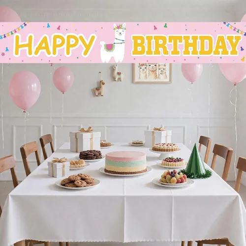Miniatura 7 de Cartel de llama alpaca con texto en inglés «Happy Birthday» de color rosa, bonito telón de fondo para decoración de patio, niña, niño, princesa