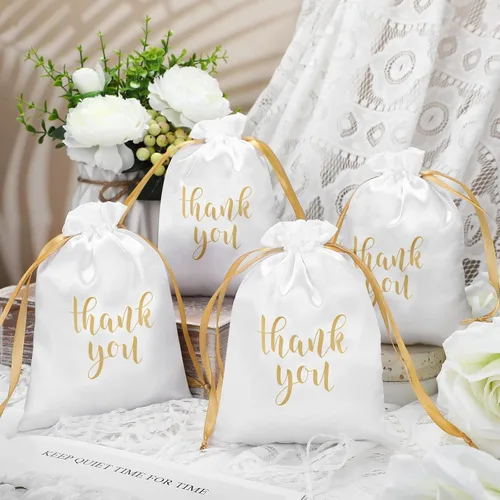 Miniatura 4 de Roowest 100 piezas de bolsas de regalo de satén con cordón para agradecimiento, bolsas de joyería y caramelos para boda, despedida de soltera, Blanco