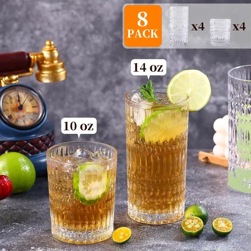 Miniatura 2 de Loivttvv Juego de vasos de cristalería de 8 piezas, vasos altos de 14 oz / 414.03 ml y vasos de vidrio acanalados de 10 oz / 295.74 ml, cristalería