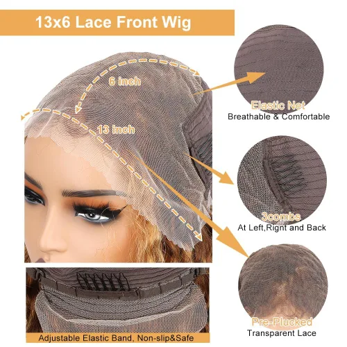 Miniatura 6 de Ladoux Pelucas de cabello humano lacio con reflejos degradados de 13 x 6 pulgadas, encaje frontal transparente HD, 14 pulgadas, densidad del 180%