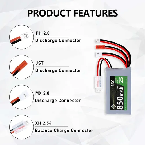 Miniatura 5 de Batería SCX24 7.4V Lipos 2S 360mAh recargable mini batería de litio con JST y MJ y PH2.0 y MX2.0 enchufe de descarga apto para SCX24 RC Car WLtoys