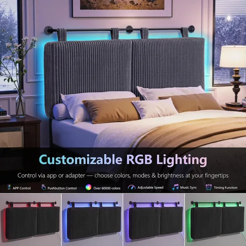 Miniatura 5 de Cabecera tamaño Queen, cabeceros modernos montados en la pared con luz LED para cama con tapicería cabecera colgante para dormitorio, con acolchado