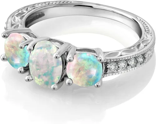 Miniatura 3 de Gem Stone King Anillo de compromiso de 3 piedras preciosas de oro blanco de 10 quilates con piedra natal y diamantes cultivados en laboratorio