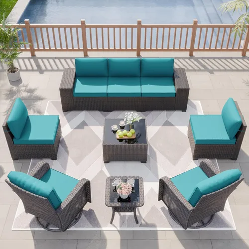 Miniatura 77 de Kurapika juego de muebles de patio 4 piezas de mimbre al aire libre, sillas de ratán, juego informal con mesa de café, juego de bistró con mecedora