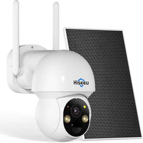Cámara de seguridad inalámbrica solar Hiseeu, WiFi de 2.4G, visión nocturna Full HD, control de inclinación, detección inteligente de movimiento,
