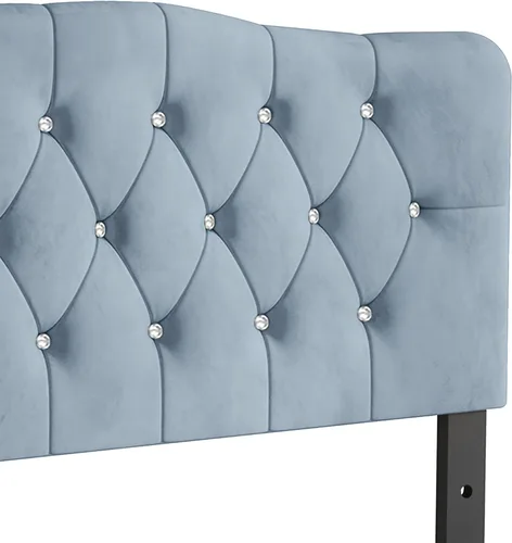 Miniatura 4 de Cabecera tapizada de terciopelo ajustable con botones de diamantes de cristal doble, color azul claro