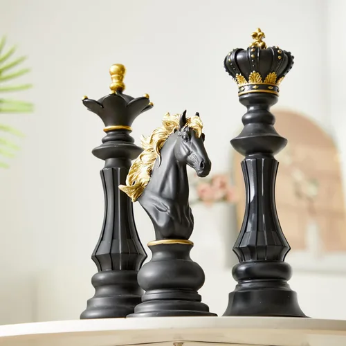 Juego de 3 piezas de decoración de estatua de ajedrez grande, rey y reina, caballero, pieza de ajedrez, escultura, adorno coleccionable para el