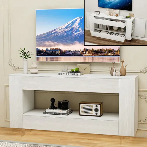 Miniatura 16 de Mueble de TV de alto brillo con 2 cajones grandes y puertas abiertas, moderno mueble de almacenamiento para consola de TV para sala de estar, Negro
