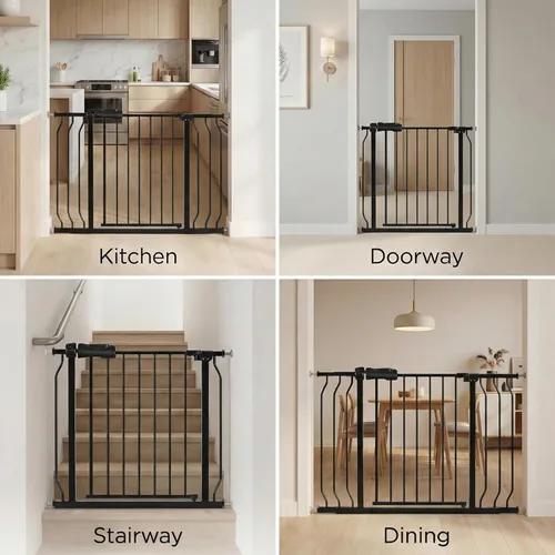 Miniatura 6 de Puerta extra ancha para bebé, puertas de seguridad extra altas para interiores, metal negro, gran montaje a presión, puerta para mascotas, puerta