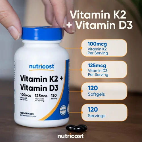 Miniatura 6 de Nutricost Vitamina K2 (MK7) (100mcg) + Vitamina D3 (5,000 UI) 120 Cápsulas Blandas - Sin Gluten y Sin OMG