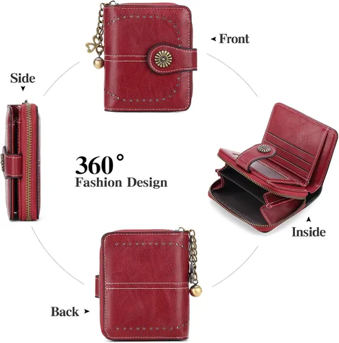 Miniatura 6 de Cartera pequeña para mujer, de piel, plegable, compacta, con bloqueo RFID, con bolsillo con cremallera para monedas, A01 Rojo Vino, Classic
