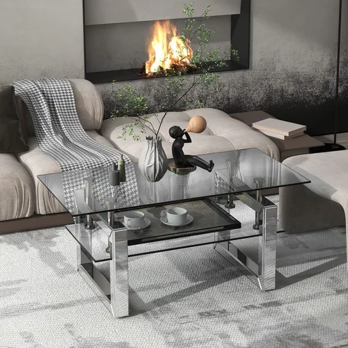 Miniatura 3 de Mesa auxiliar rectangular de vidrio con patas de tubo de metal plateado, mesa de centro de vidrio templado, mesas auxiliares modernas para sala