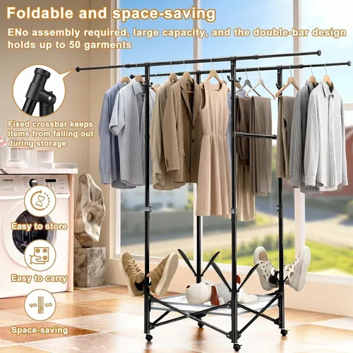 Miniatura 4 de Tendedero portátil plegable para ropa – Varillas ajustables dobles extensibles (33.1 a 56.7 pulgadas) – Diseño fácil de no montar que ahorra espacio