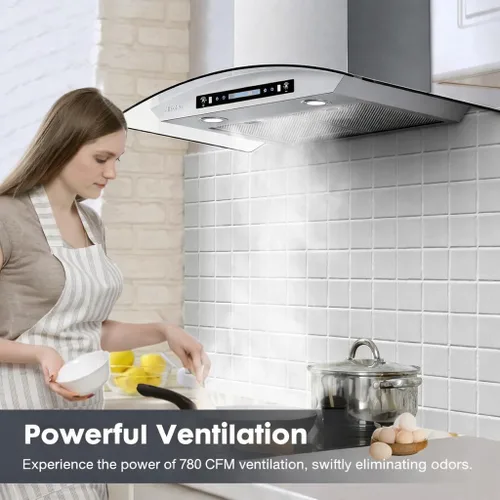 Miniatura 2 de HisoHu Campana extractora para montaje en pared de 30 pulgadas, vidrio curvo, campana de cocina inoxidable de 780 CFM, con filtros de malla de acero