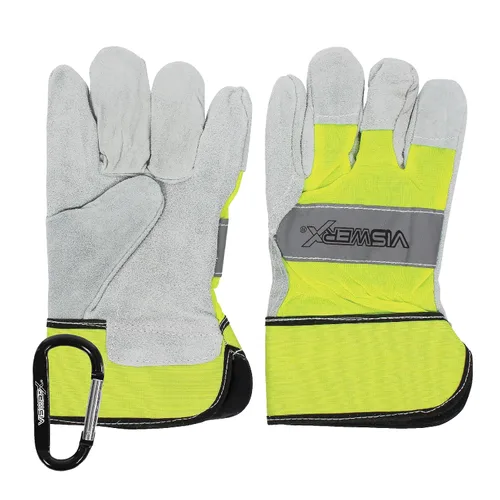 Guante de palma de cuero dividido con forro de alta visibilidad, interior aislado y puño reforzado, guantes de trabajo resistentes, guantes de