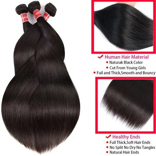 Miniatura 2 de Manojos de cabello humano lacio de 16, 18, 20 pulgadas, 12A, extensiones de cabello humano virgen brasileño 100% sin procesar, extensiones