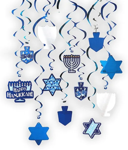 Miniatura 3 de The Dreidel Company Decoraciones de Remolinos de Hanukkah, Incluye 12 Remolinos con Recortes de Hanukkah de Papel de Aluminio de 24" y Remolinos